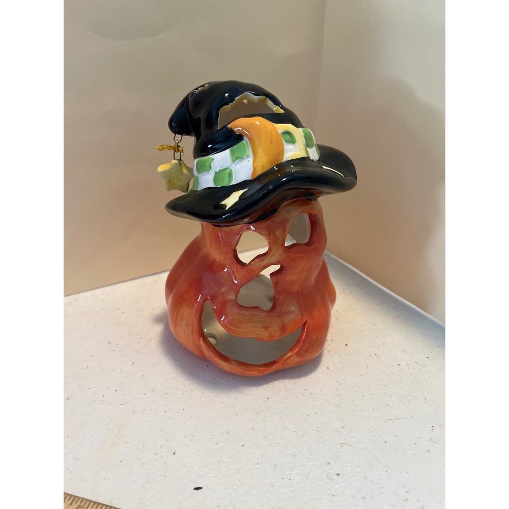 Ceramic Halloween Pumpkin Witch Hat Tea Light Holder Jack-O-Lantern Decor 6in
